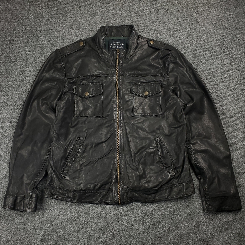 Lucky Brand Lamb Leather Jacket Mens XL Moto Biker Motorcycle Black FLAW
